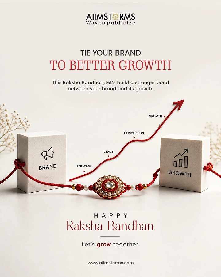 Raksha Bandhan creative ad: Rakhi tying two blocks labelled brand and growth, with a thread rising into an arrow