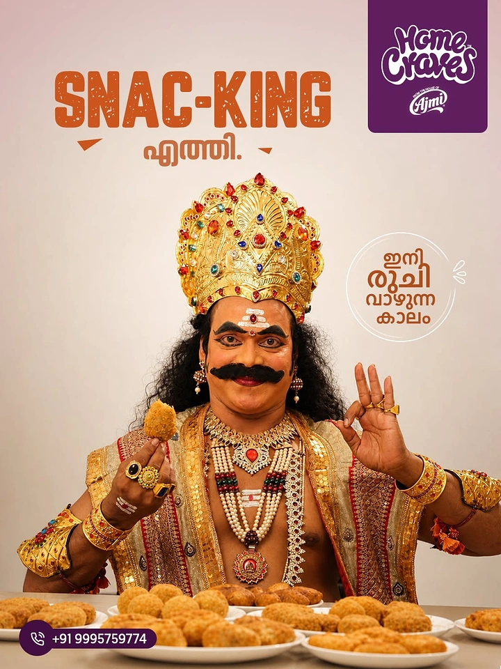 Onam creative ad: Actor dressed as King Mahabali holding a fried snack over plates of snacks