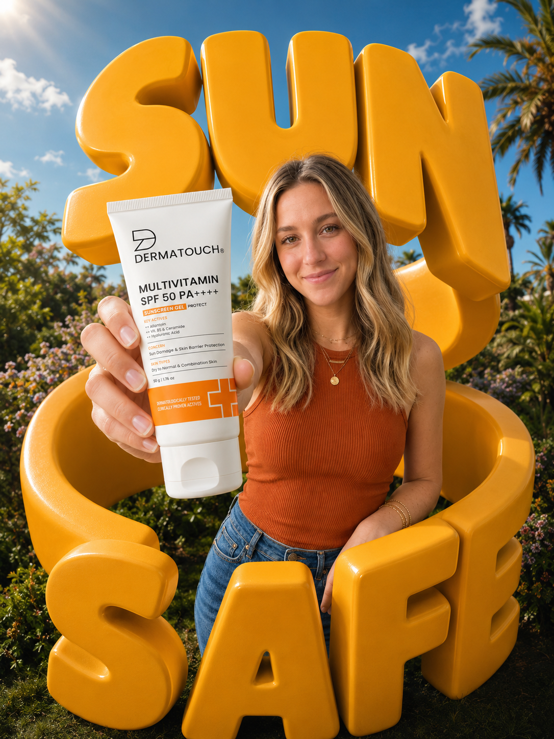 Instagram post: SUN typography frames product and model