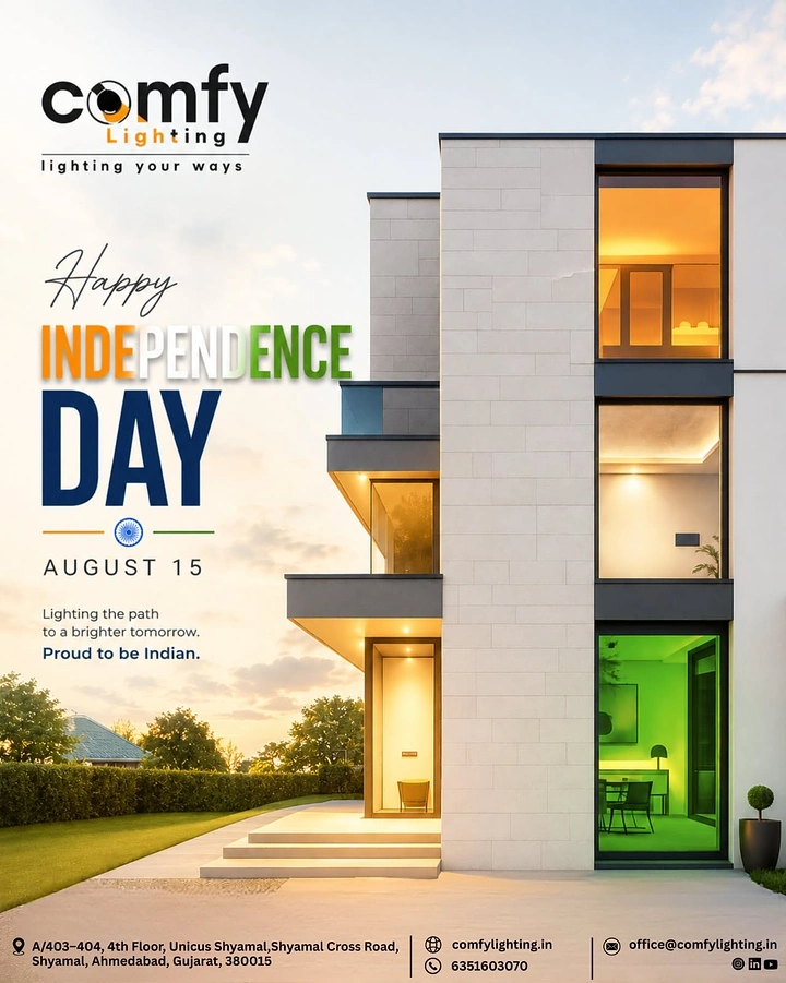 Independence Day creative ad: Modern stone-clad house at sunset with windows lit saffron, white and green