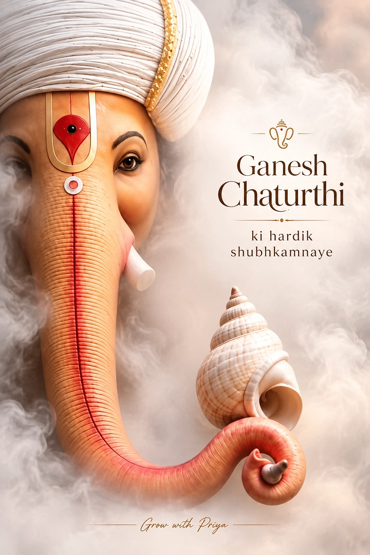 Ganesh Chaturthi creative ad: Close-up Ganesha face with a trunk curling around a conch