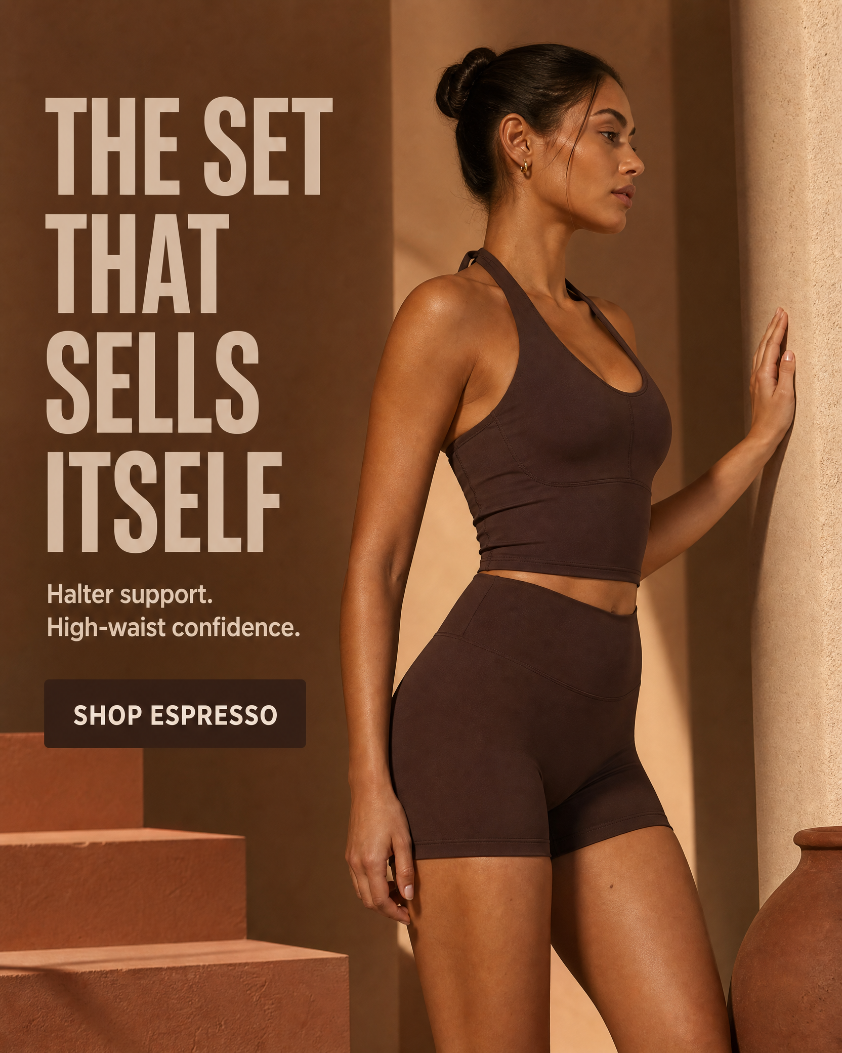 Instagram post: Model in espresso-brown halter top and bike shorts