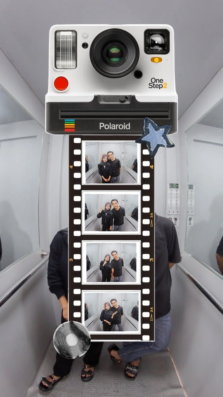 Photo Booth Rentals creative ad: Giant Polaroid camera frames booth strips