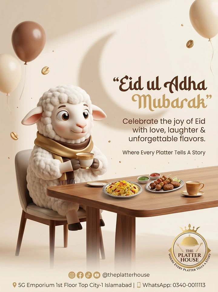 Eid Al Adha creative ad: 3D sheep dining on restaurant's Eid platter