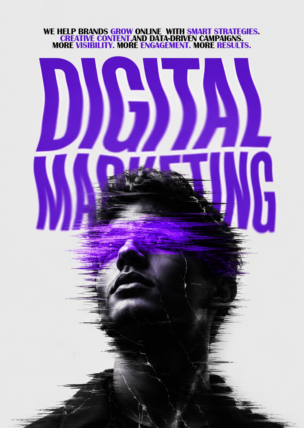Poster: Glitched black-and-white male portrait under huge warped purple type