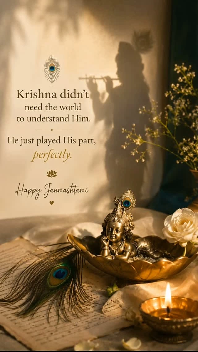 Janmashtami creative ad: Brass baby Krishna idol with a flute-playing Krishna shadow on the wall