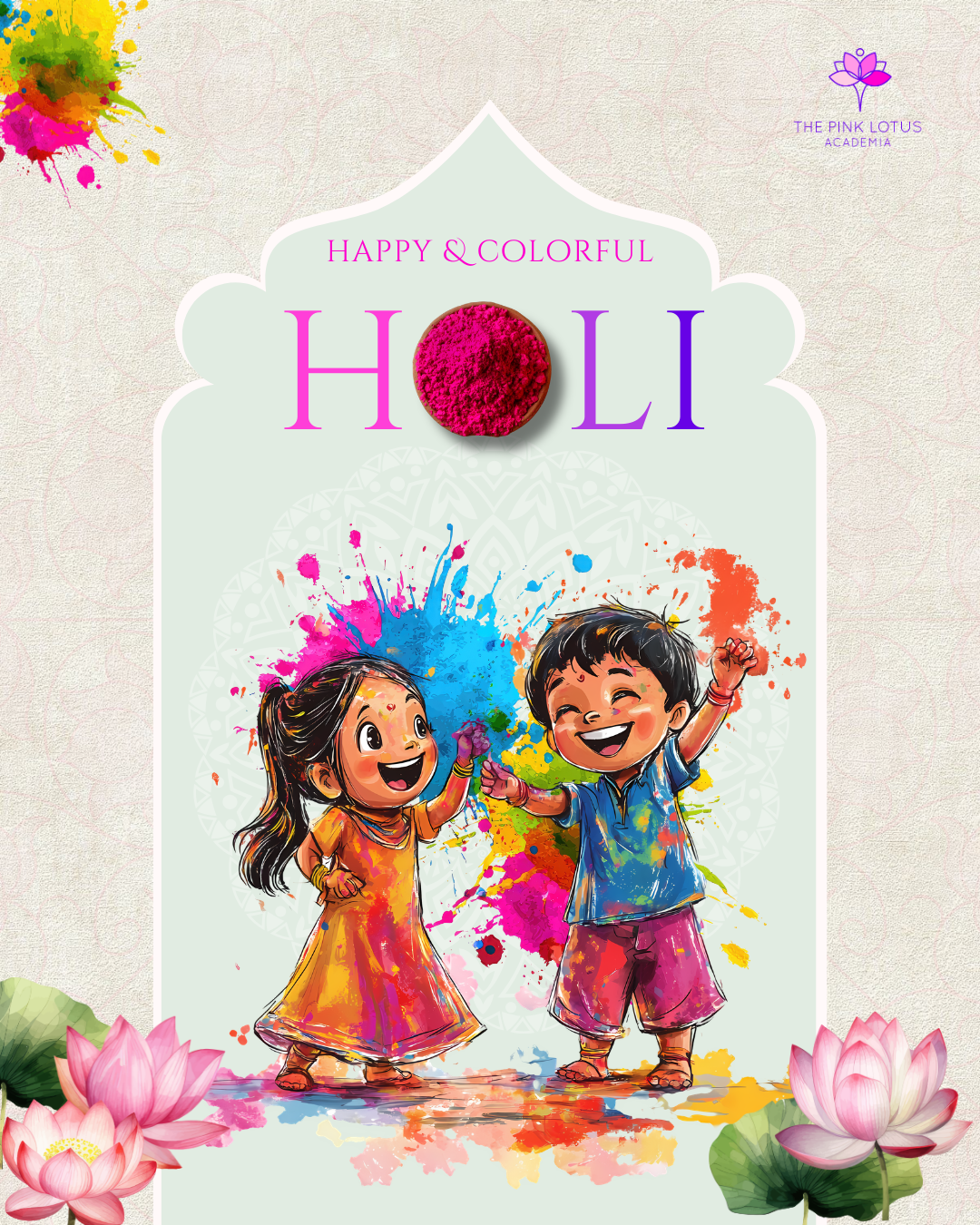 Holi Instagram post: Two illustrated kids playing Holi with colour splashes