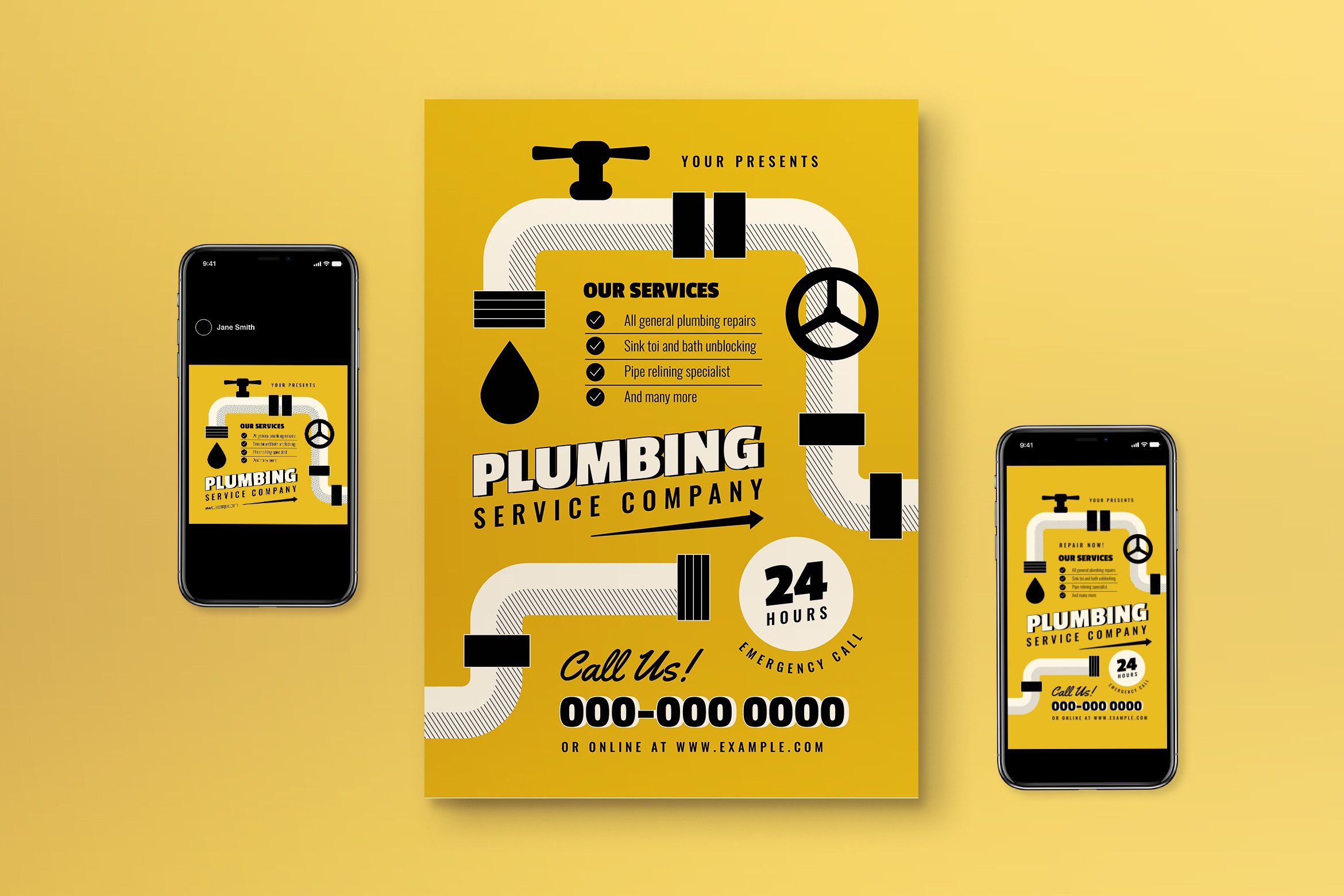 Banner: Pipe graphics framing layout, bold yellow
