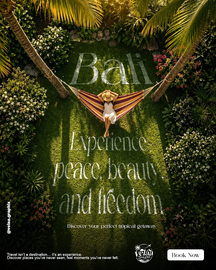 Creative ad: Top-down view of a woman in a sun hat lounging in a striped hammock between palms on a lawn
