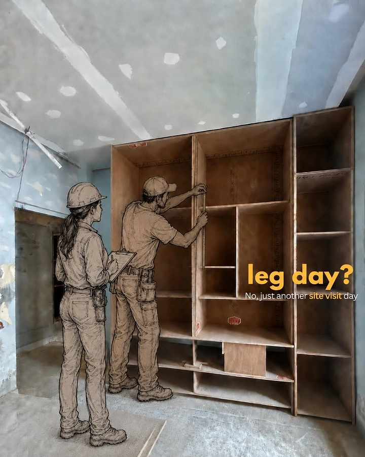 Carpenters & Woodwork creative ad: Sketched workers, witty 'leg day?' pun