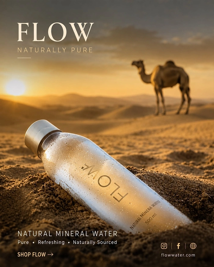 Packaged Drinking Water creative ad: Bottle placed in desert landscape