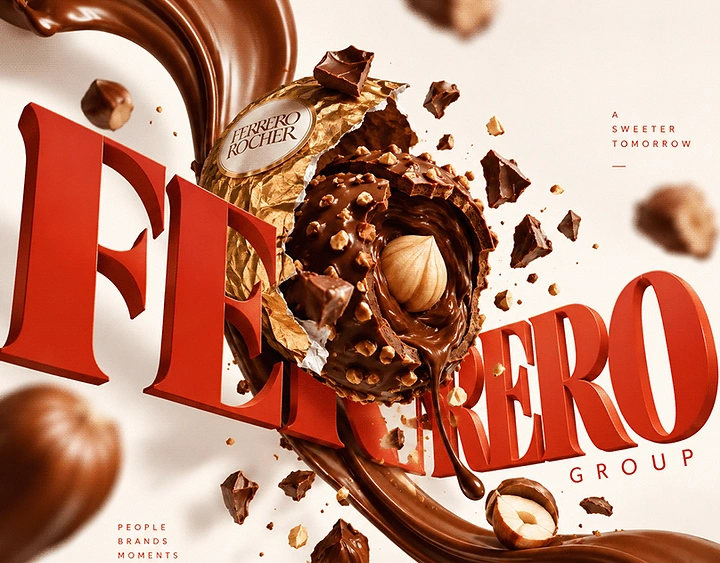 Creative ad: Exploding hazelnut praline bursting through 3D red lettering