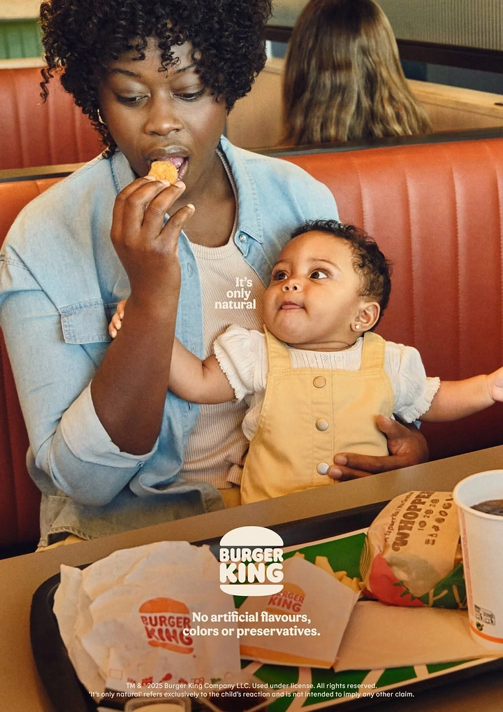 Fast Food creative ad: Mother eating a nugget while her baby watches longingly