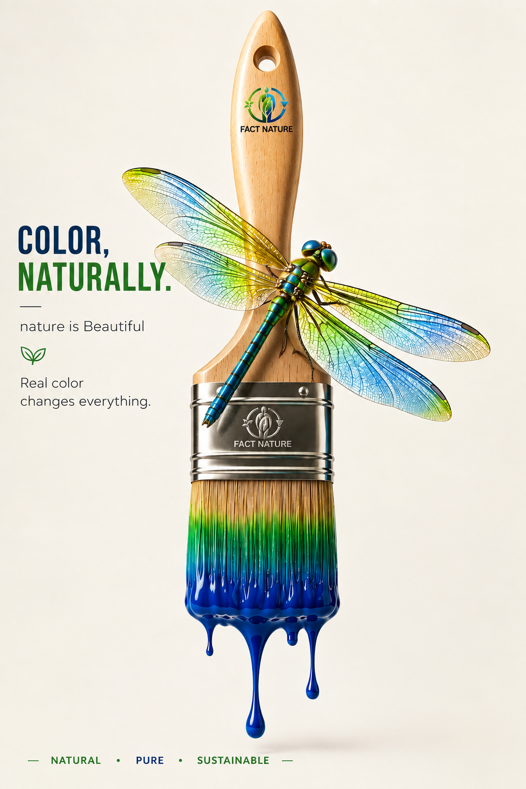 Poster: A large wooden paintbrush carrying a vivid dragonfly and dripping rainbow-coloured paint