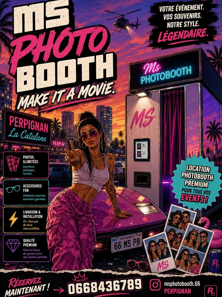 Photo Booth Rentals creative ad: GTA-style woman leaning on pink sports car beside a neon photobooth