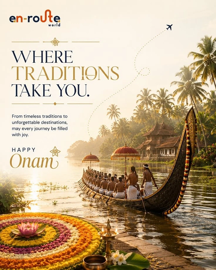 Onam creative ad: Kerala snake boat with oarsmen on backwaters at golden hour
