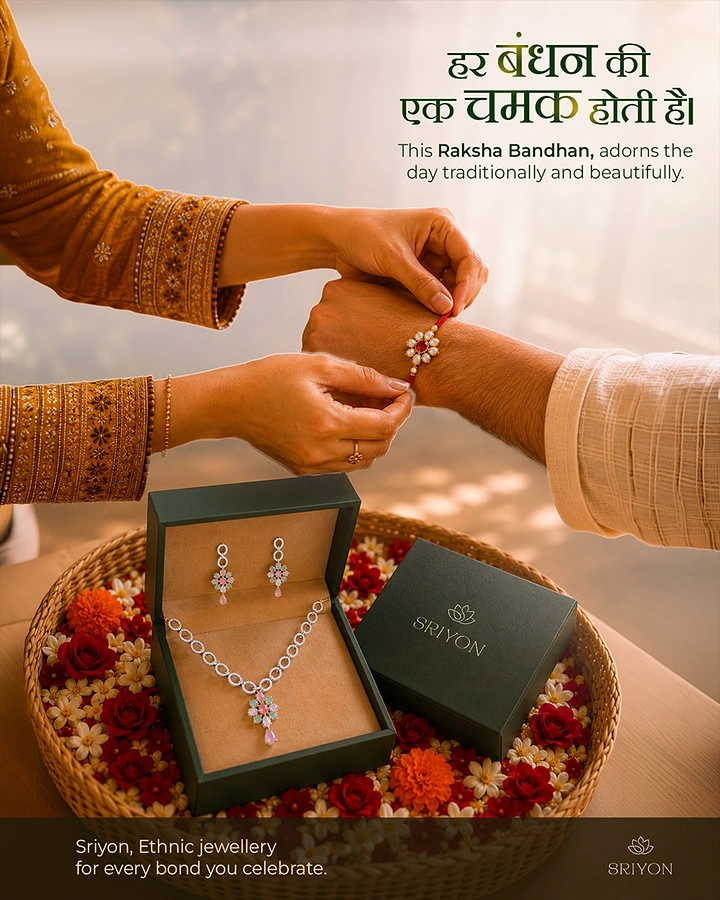 Raksha Bandhan creative ad: Sister tying rakhi on brother's wrist above a flower basket holding a necklace set in a green box