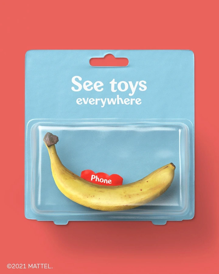 Toy Stores creative ad: Banana packaged as a toy phone in a blister pack