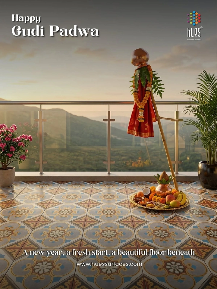 other-festival creative ad: Gudi and puja offerings on a patterned-tile balcony at sunset