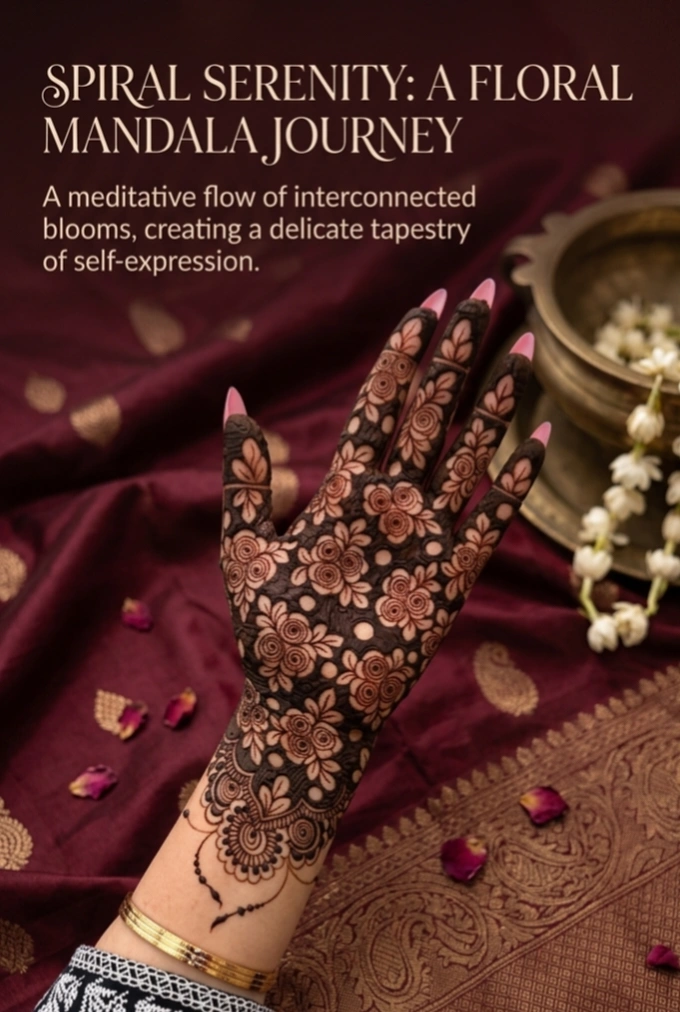 Mehndi & Henna Artists creative ad: Floral serenity frames henna as mandala art