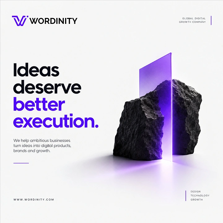 Creative ad: Dark rock split by a glowing violet glass pane