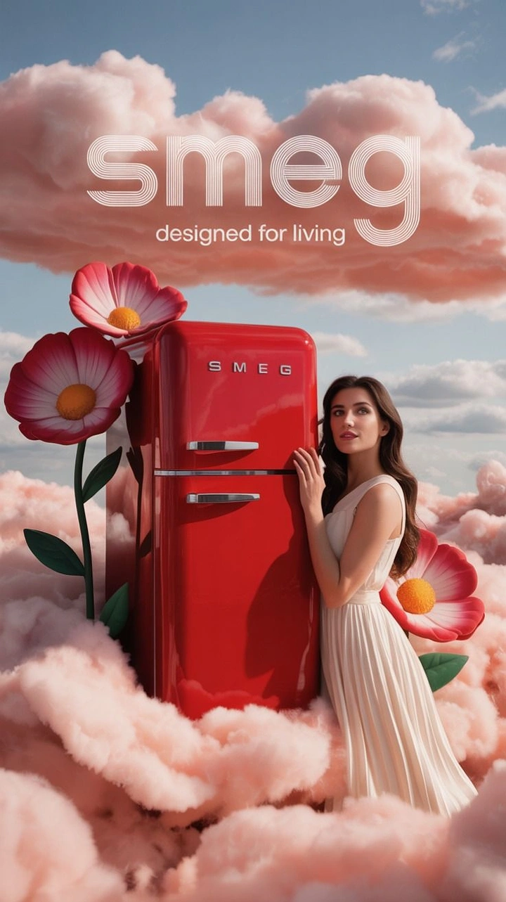 Home Appliances creative ad: Surreal cloud garden with red Smeg fridge