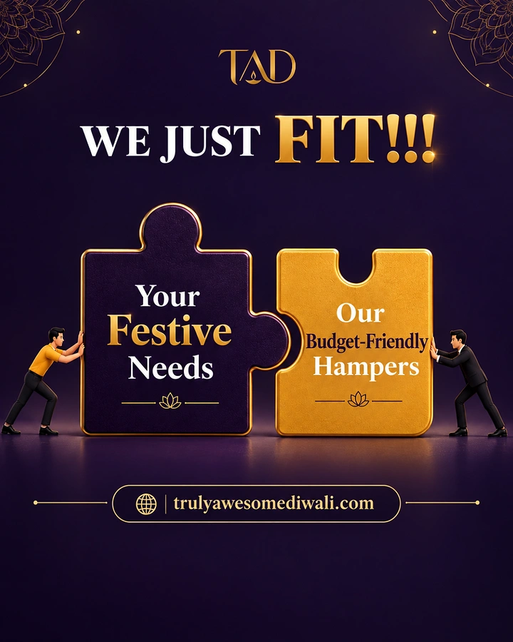 Diwali creative ad: Purple and gold puzzle pieces pushed together by two small figures