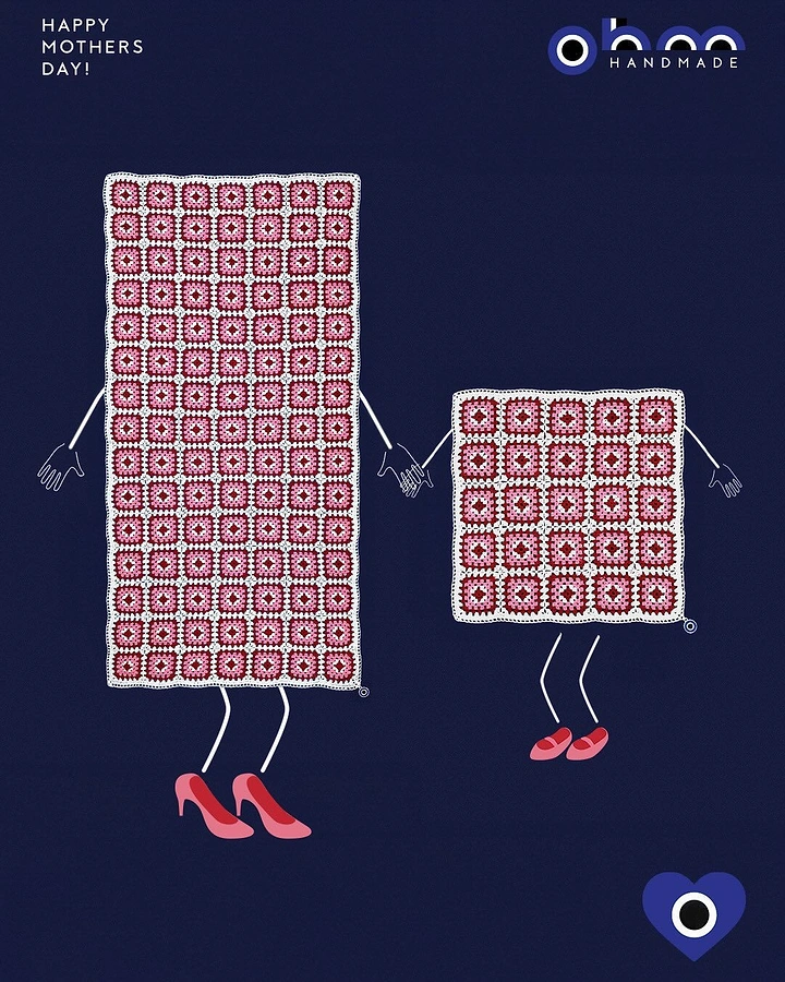 Mother's Day creative ad: Big and small crochet blankets personified as mother and daughter holding hands