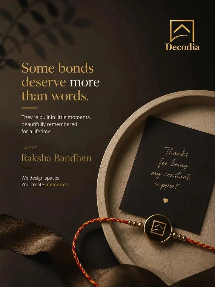 Raksha Bandhan creative ad: Branded rakhi and a handwritten thank-you card on a round stone tray