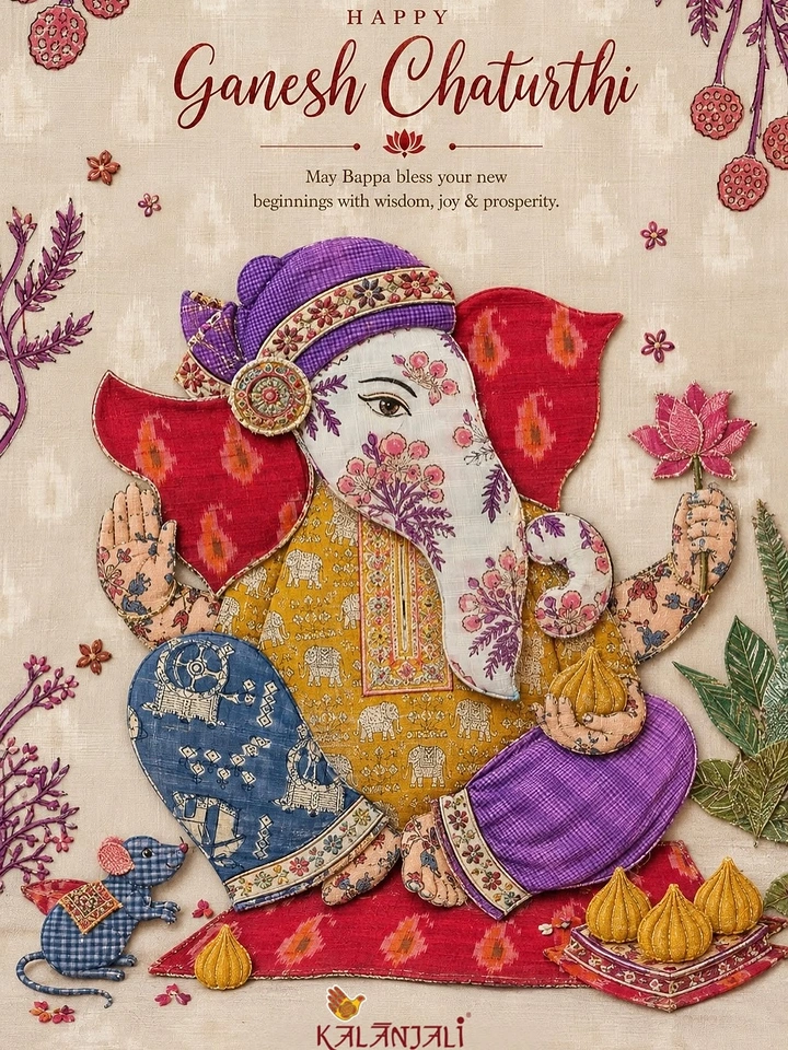 Ganesh Chaturthi creative ad: Ganesha built from patchwork textile appliqué with modaks and mouse