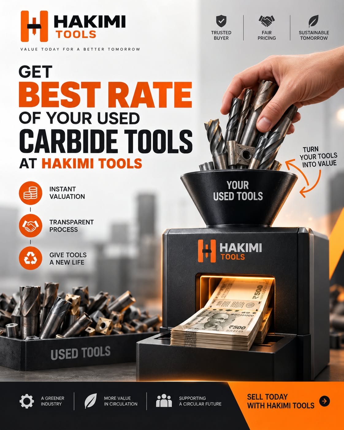 Poster: Used carbide tools being converted into cash through an industrial recycling machine
