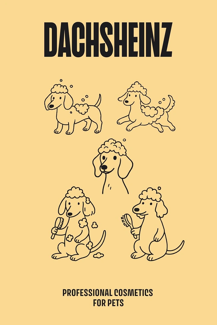 Pet Grooming creative ad: Bold line-art foamy dachshunds, pun brand name