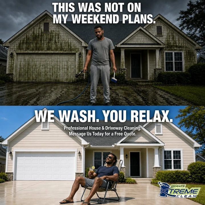 Pressure Washing creative ad: Weekend plans joke drives before-after offer