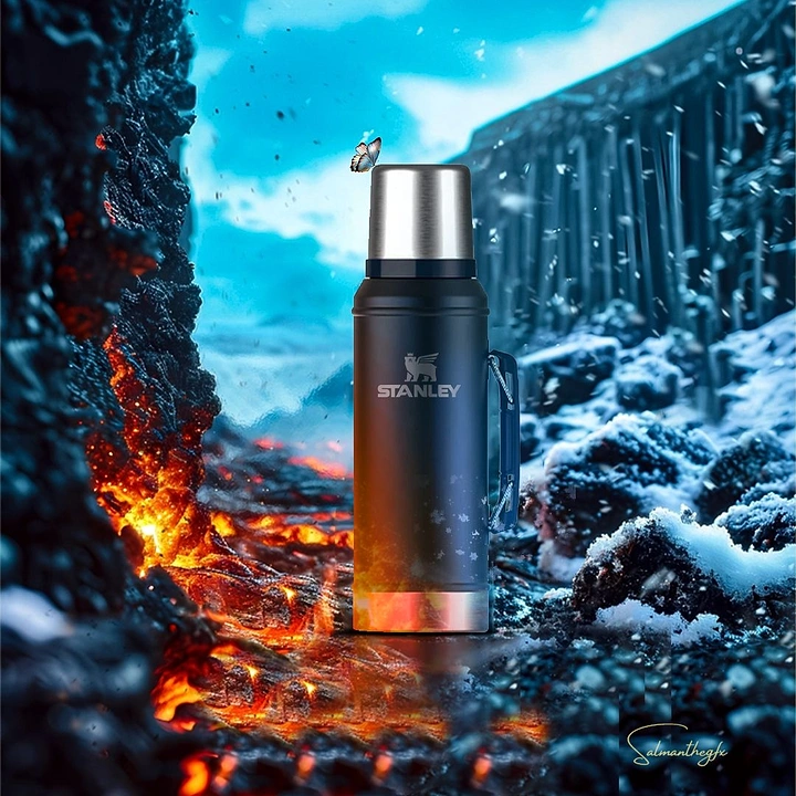 Tumblers, Flasks & Drinkware creative ad: Flask staged between fire and ice