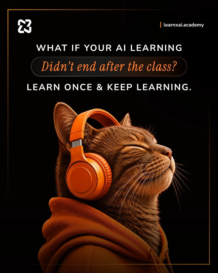 Online Courses & E-learning creative ad: Headphone-wearing cat embodies continued learning