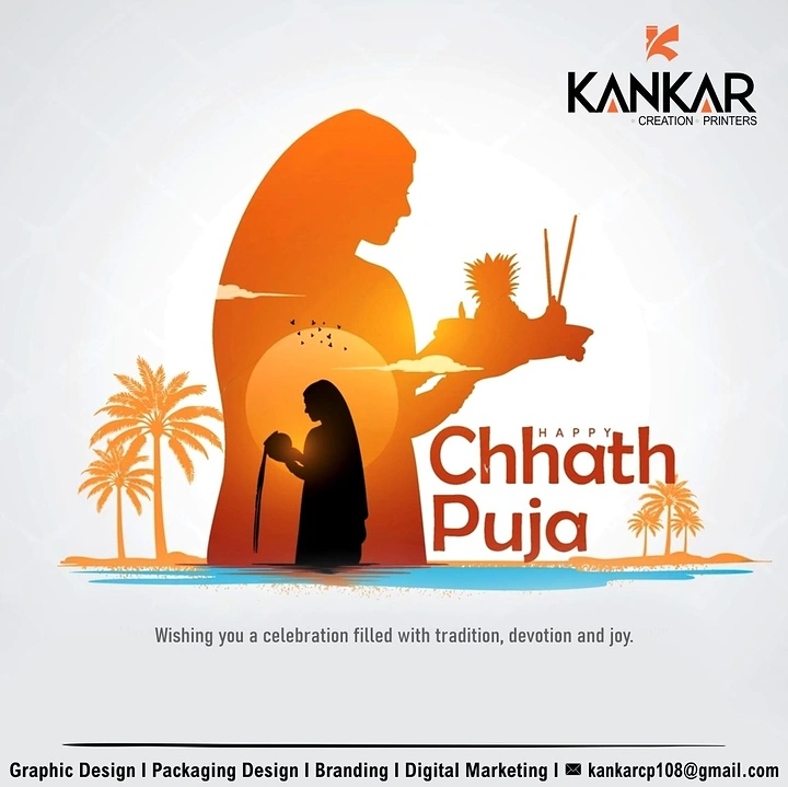 Chhath Puja creative ad: Double-exposure orange silhouette of a woman holding an offering tray, with a devotee standing in water at sunset inside it
