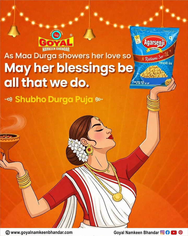 Durga Puja creative ad: Illustrated Bengali woman in red-border saree holding up a namkeen packet and dhunuchi