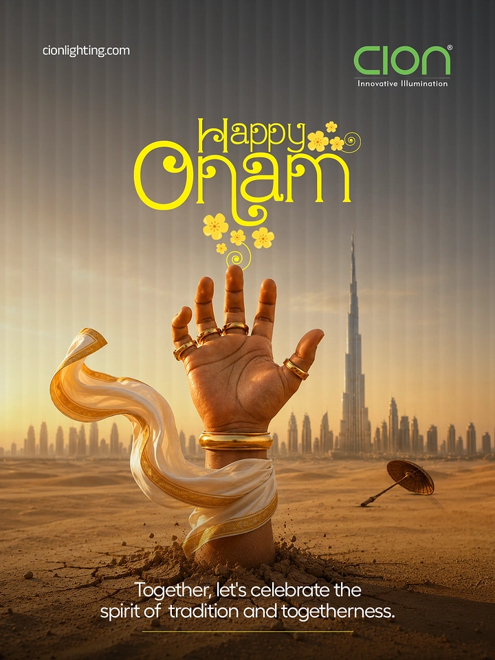 Onam creative ad: Gold-ringed hand emerging from desert sand with kasavu cloth, city skyline behind