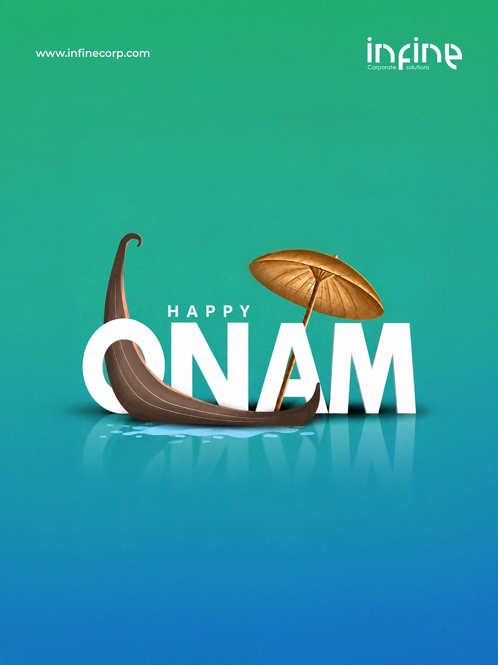 Onam creative ad: 3D festival wordmark with a snake boat and traditional umbrella