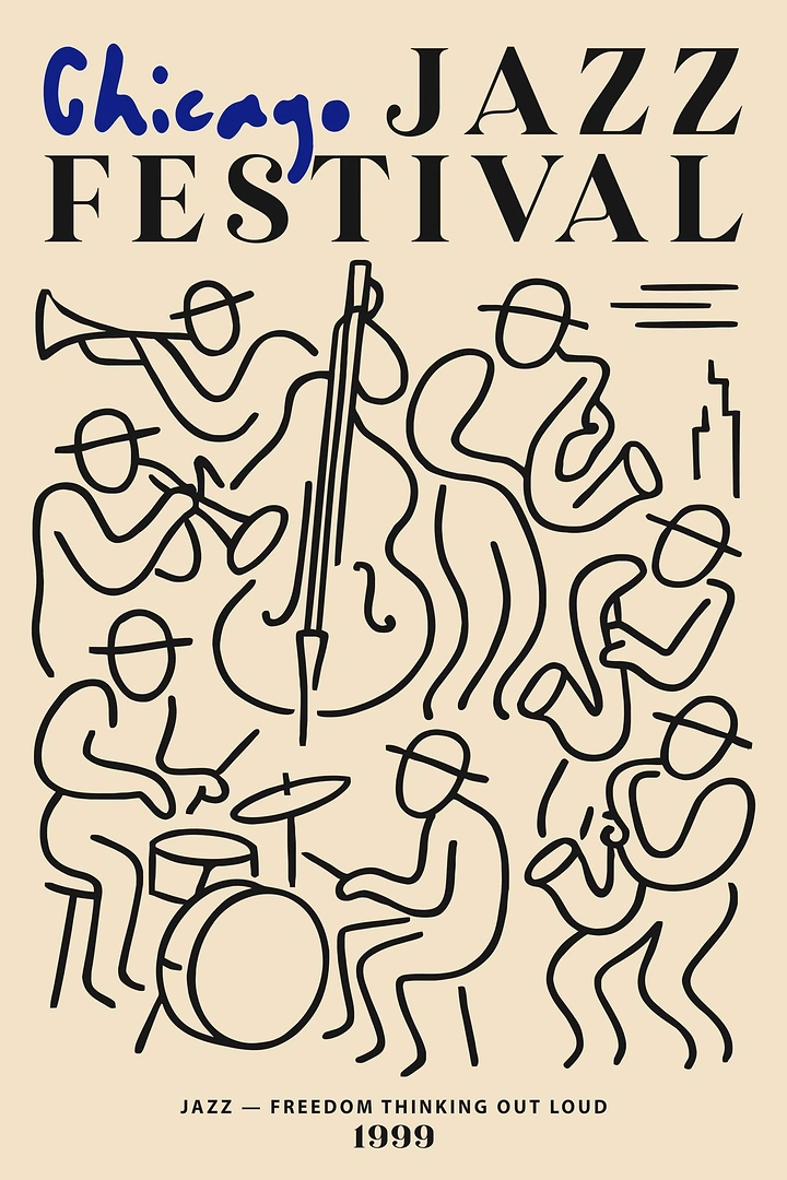 Music & Dance Classes creative ad: Line-drawn jazz band of seven musicians