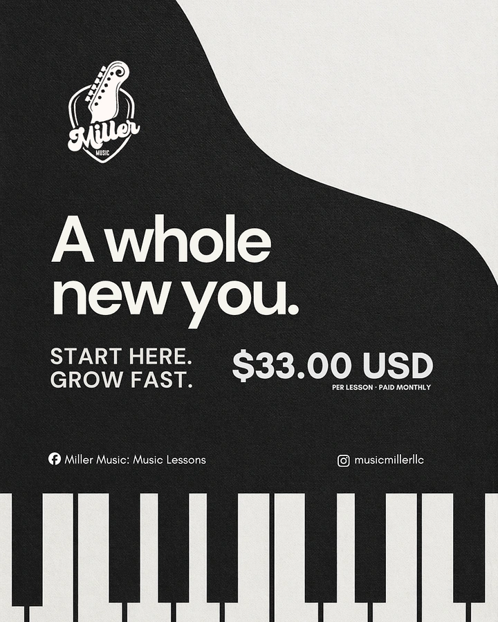Music & Dance Classes creative ad: Music lesson promotion with guitar emblem and piano-key border