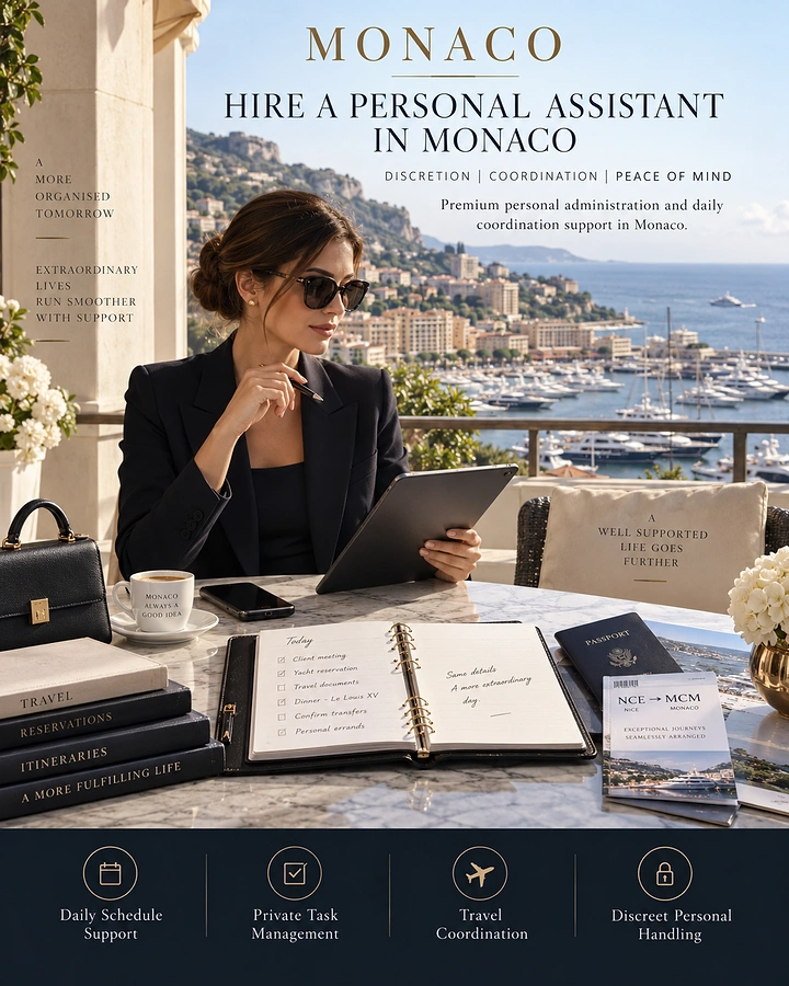 Hotel & Hospitality creative ad: A personal assistant working from a Monaco terrace