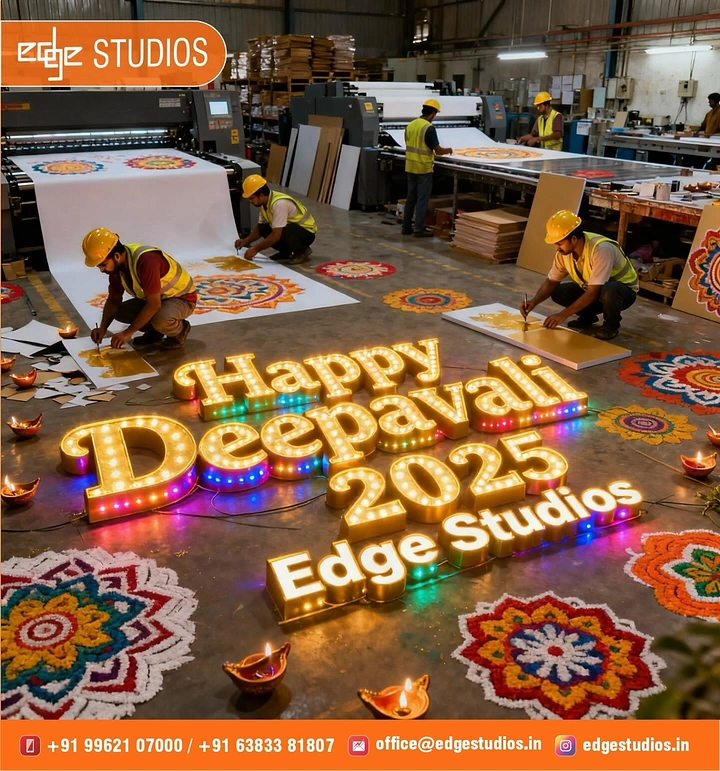 Diwali creative ad: Marquee light-bulb Deepavali lettering on a print-factory floor with rangoli