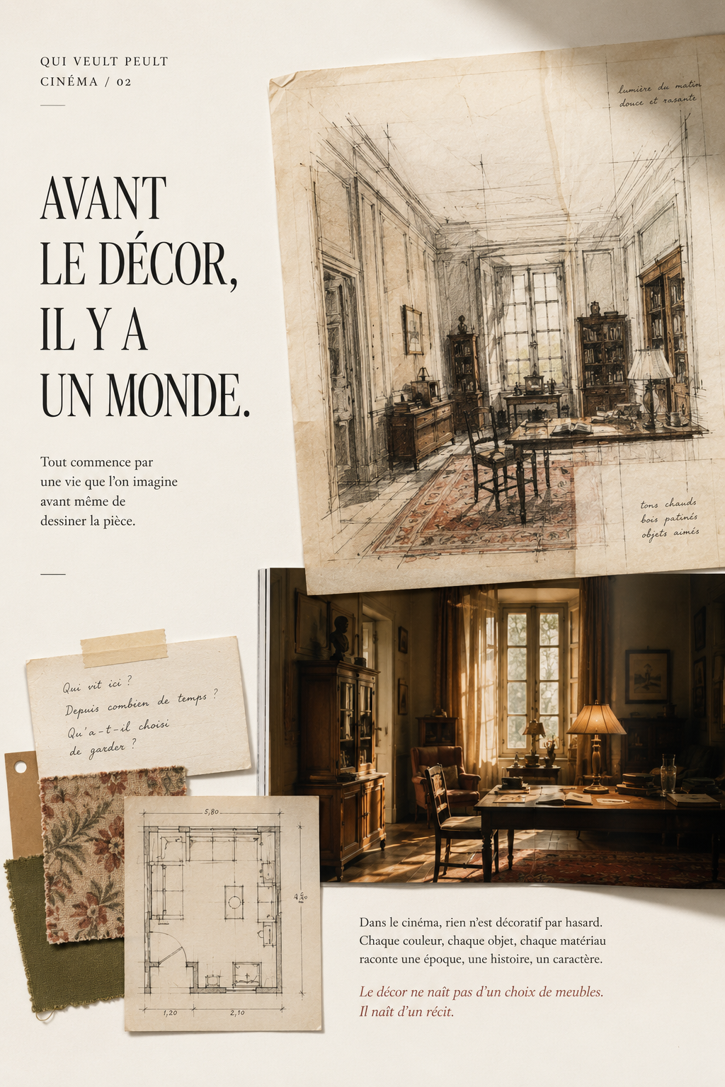 Poster: Moodboard of interior sketch, floor plan and cinematic room photo