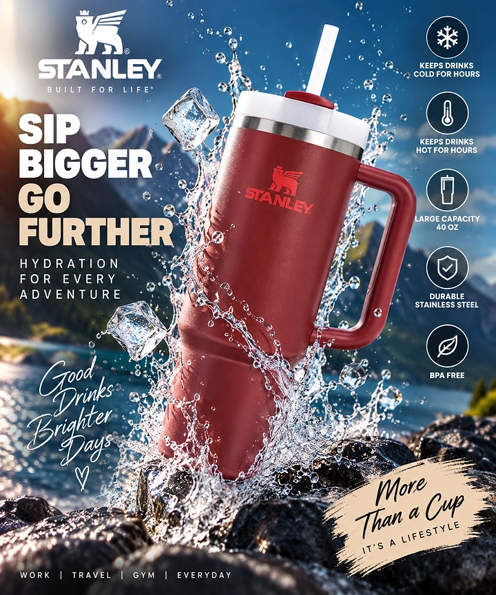 Tumblers, Flasks & Drinkware creative ad: Dynamic splash turns product into action