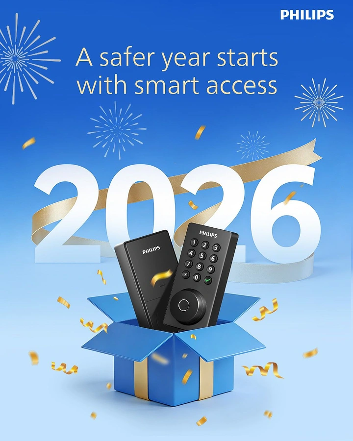 New Year creative ad: Smart door locks popping out of an open blue gift box