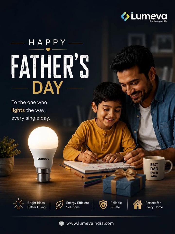 Father's Day creative ad: Father and son drawing together at a desk beside a glowing LED bulb