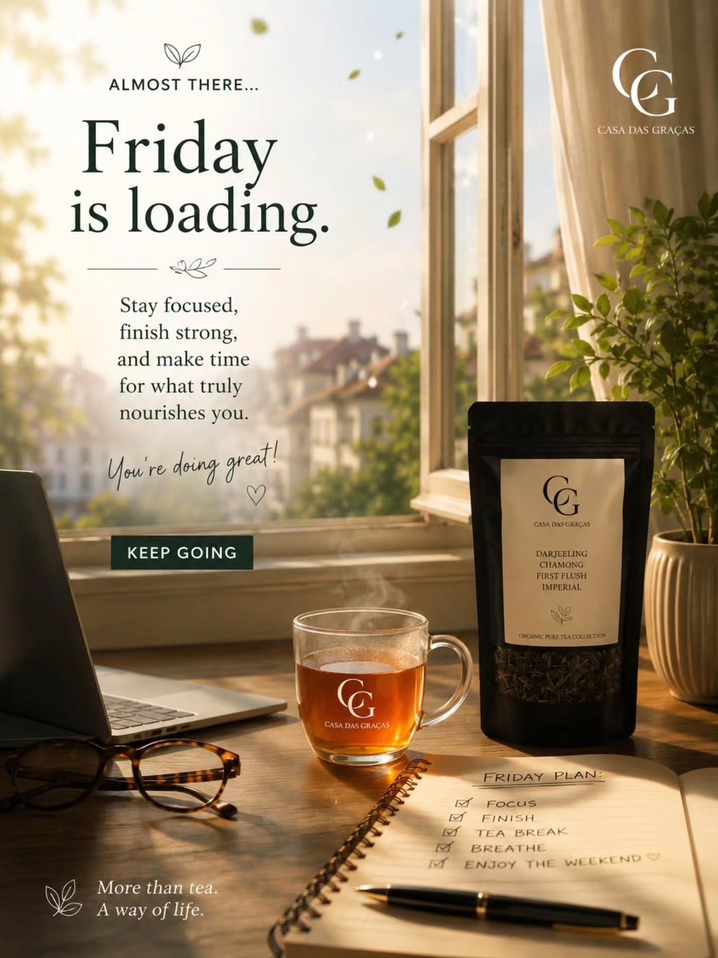 Instagram post: 'Friday is loading' witty tea break copy