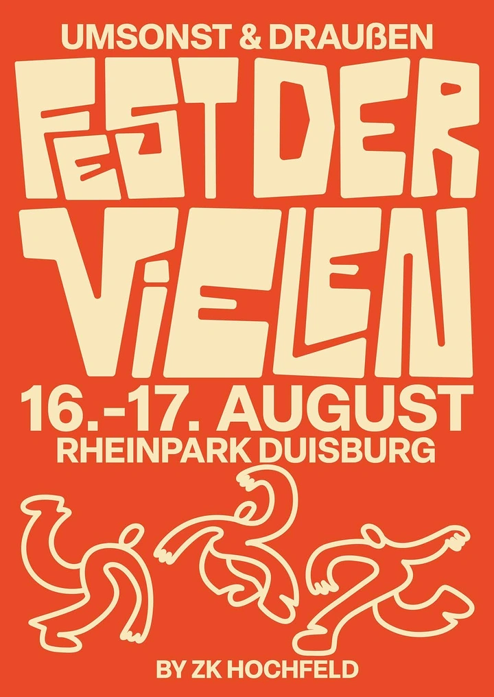 Creative ad: Huge custom-lettered festival title above three dancing line figures