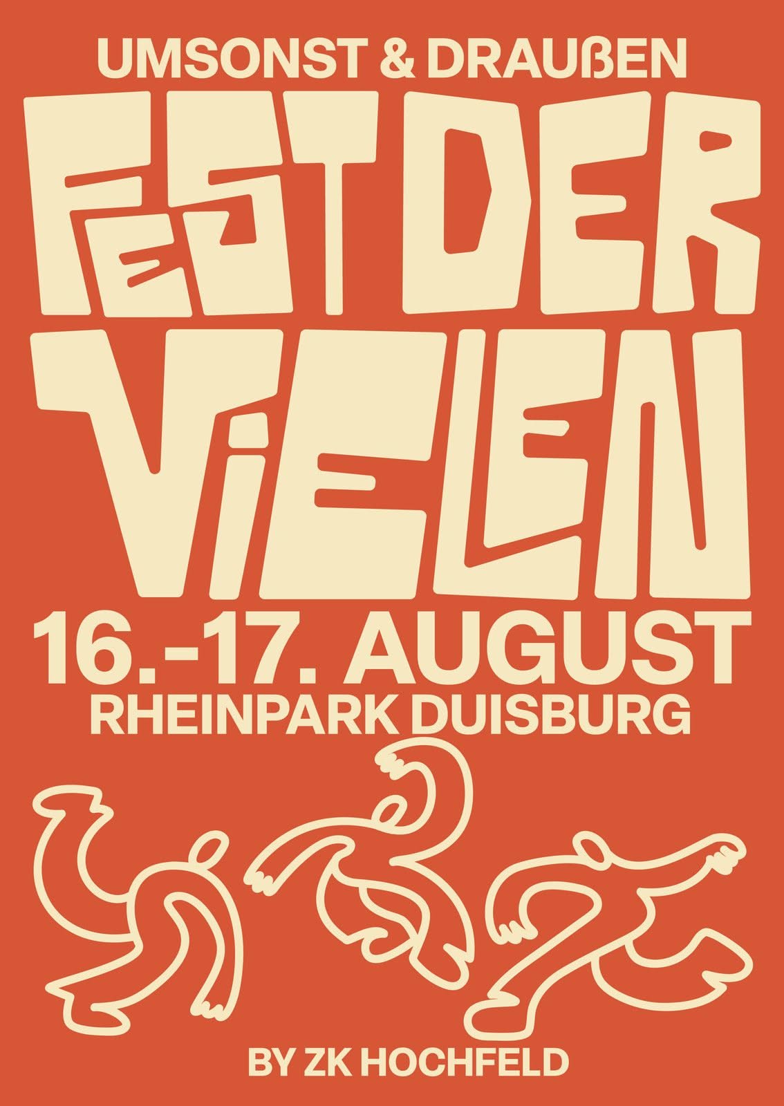 Poster: Huge custom-lettered festival title above three dancing line figures
